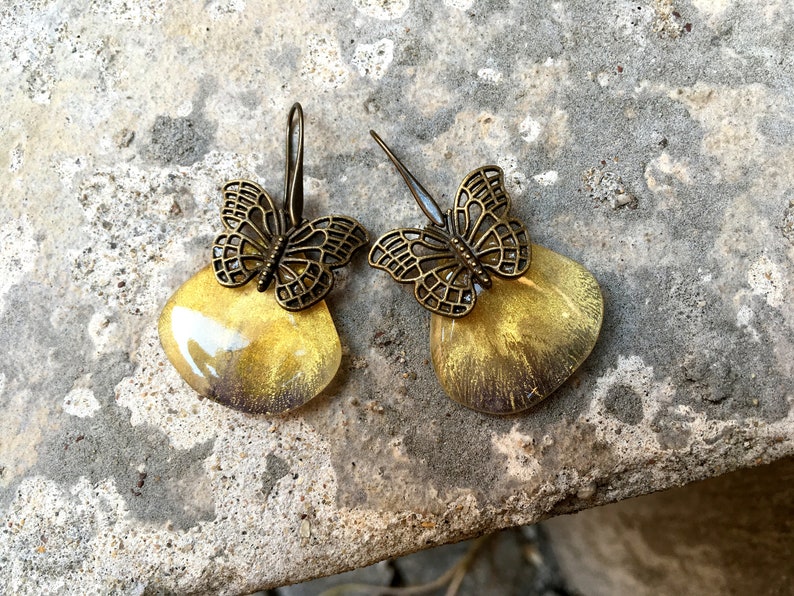 Yellow real flower earrings Gift for her Yellow jewelry Yellow leaf earrings Pressed flower art Flower earrings Yellow earrings