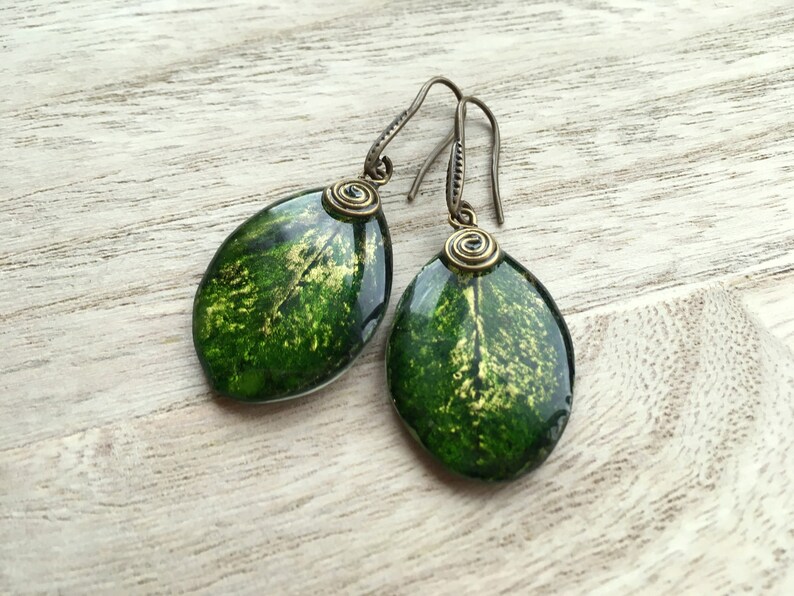 Girlfriend earrings gift Green earrings leaves Resin Etsy
