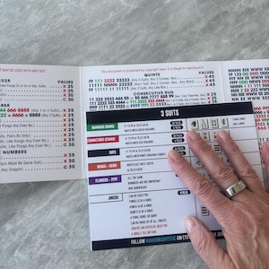May include: Open book with Mahjong rules and point values. The document includes text about suits, quintets, and consecutive runs. The text is in black and red, with a hand holding the page. The background is a light gray.
