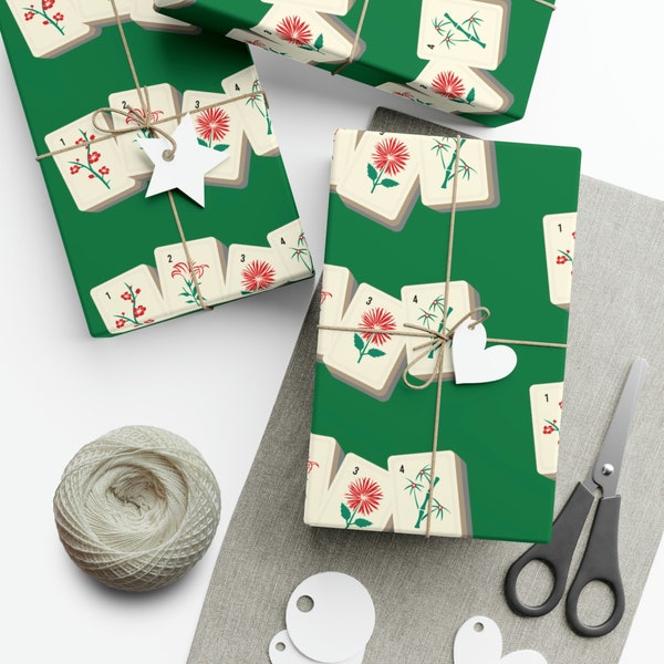 Mah Jongg Gift Wrap Paper Green Flower Tiles