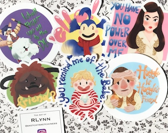 Labyrinth Sticker Pack Featuring 6 Lovable Characters and Their Quotes - High Quality Vinyl