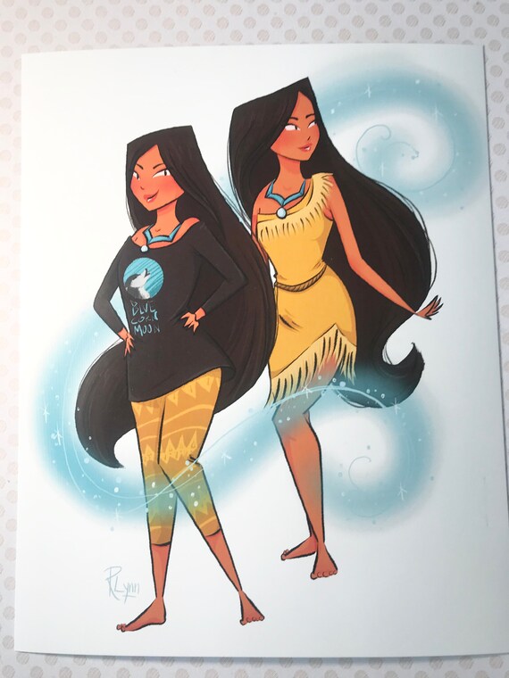 Clearancecasual Pocahontas in Her Classic Princess Outfit and Casual Modern Outfit Art Print Etsy UK