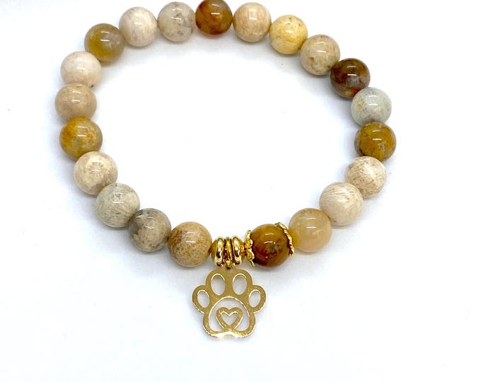 Natural Stone Jasper Bead Healing Bracelet 8mm Dog's Paw Charm Gold