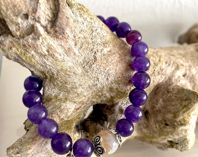 Natural Amethyst Quartz Bead Om  Charm Bracelet Stretched