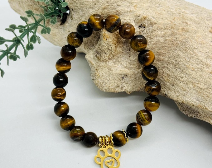 Energy Healing Bracelet Natural Stone Tiger Eye Dog's Paw Charm