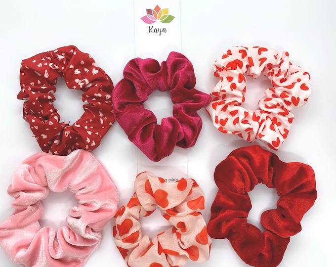 Valentine's Mini Scrunchies Set: Red, Pink, Heart Print - 6 Pack