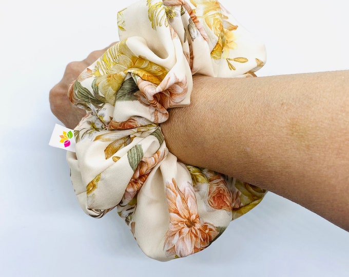 XX Large Scrunchies Satin Floral Polyester Jumbo Size Very Soft Cream
