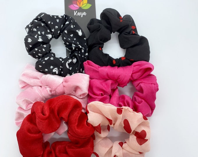 Set Valentines Mini-Scrunchies, Set of 6 Mini Scrunchies Mix Colors Hair Scrunchies Valentines Gift