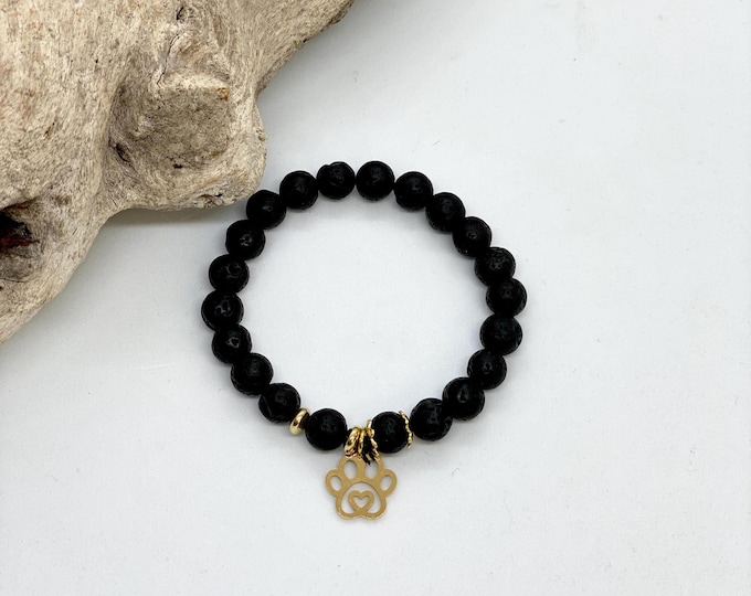 Volcanic Lava Stone Bead Dog's Paw Charm Stainless Steel 8mm  Diffuser Bracelet