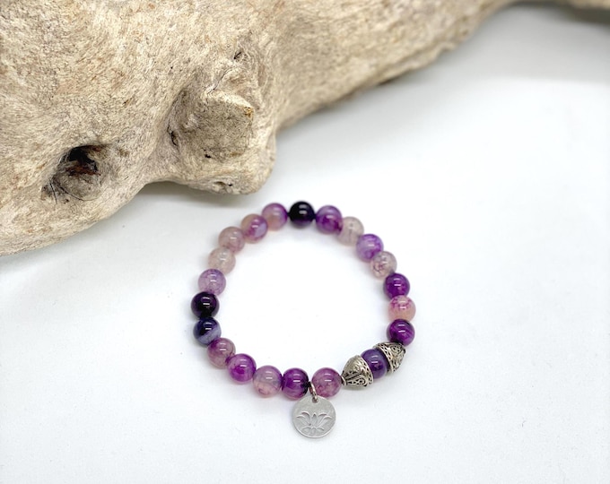 Amethyst Om Charm Bracelet 8mm Beads Women
