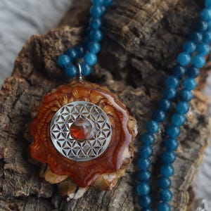 Handmade Carnelian and Sacred Geometry Pinecone Necklace: Beaded Sacred Geometry Pendant | Lapis Lazuli Beaded Necklace