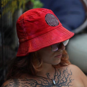 Handmade Tie Dye Bucket Hat: Red Geometric Cotton Bohemian Headwear