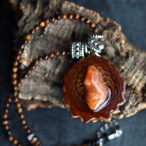 Handmade Beaded Pinecone Pendant Necklace with Carnelian Stone: Tiger’s Eye Beaded Necklace, Black Onyx, Carnelian Jewelry