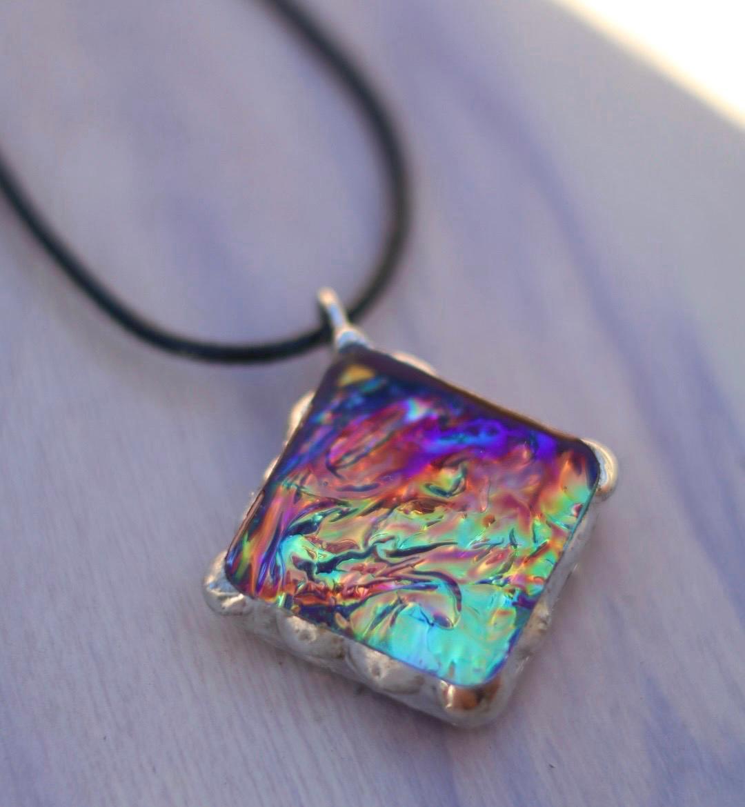 Dichroic Style Pendant | Rainbow Necklace | Dichroic Jewelry | Resin Jewelry | Soldered Pendant | Festival Necklace | Diamond Shaped Pendant