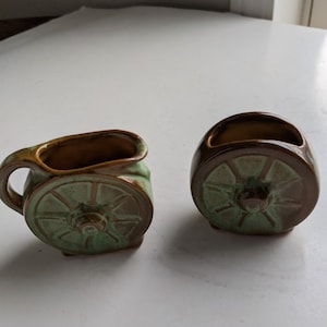 Frankoma Prairie Green Mini Wagon Wheel Sugar Cup & Creamer Set/ Frankoma Wagon Wheel Toothpick Holders/ Frankoma 510/ Frankoma 560