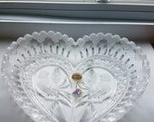 HOFBAUER Bleikristall Brydes Heart Shaped Lead Crystal Dish with Bird Design, Crystal Dishes, Vintage Lead Crystal, Collectibles