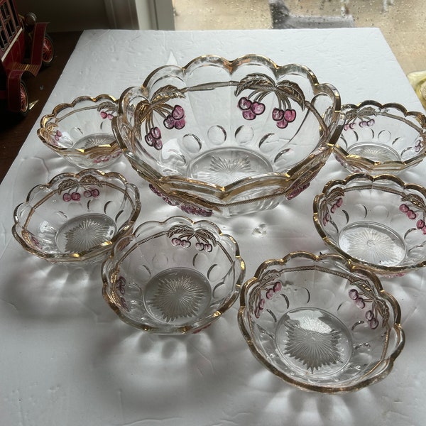 Antique 1890 EAPG Northwood Cherry & Cable Berry Set Ruby Stain Glass 7 Pc Set
