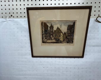 Een antieke originele ets van Rothenburger Tor Duitsland door Prof Otto F Probst, ondertekend ingelijst