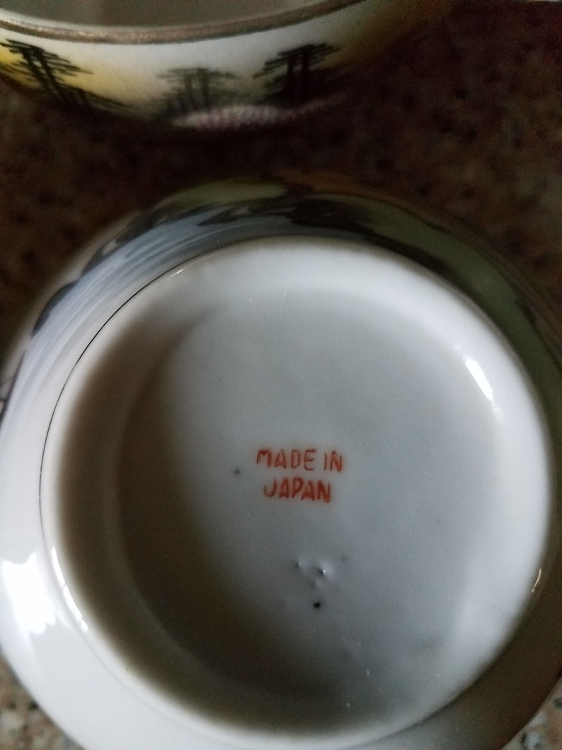 May include: A white ceramic teacup with a black and gray floral design. The bottom of the cup has the words "Made in Japan" printed in orange.