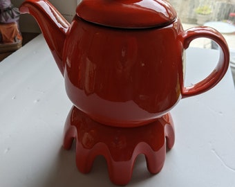 Frankoma Pottery Large Teapot 6T Red Orange Glaze Holds 4-5 Cups with Warmer
