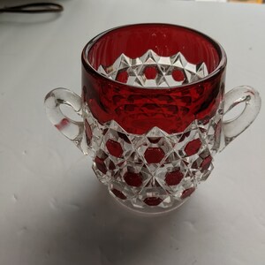 Antique Ruby Red Flash Glass Spooner, Double Handled Hexagon Decor, 1890s