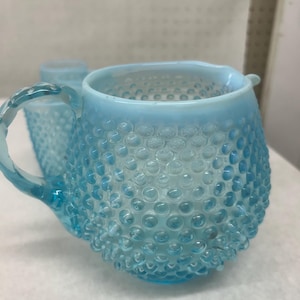 Fenton Blue Opalescent Hobnail Pitcher with 6 Tumblers