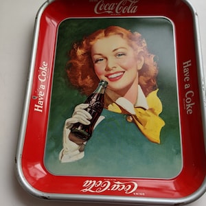 Green Background 1950s &quot;Have a Coke Tray&quot; Coca-Cola Red Headed Girl Tin Platter