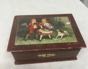 Vintage Childs Sewing Kit Threads Scissors and small box stamped Germany