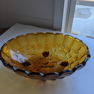 Indiana Harvest Grape Amber Carnival Glass Footed Oval Fruit Bowl