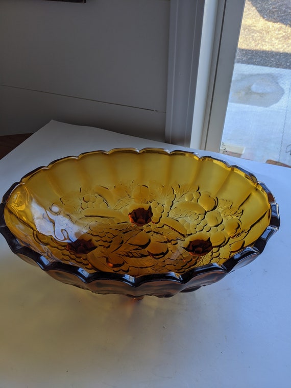Indiana Harvest Grape Amber Carnival Glass Footed Oval Fruit Bowl
