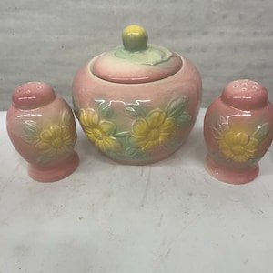 Vintage Hull Pottery Sunglow Pattern 1950-tals fettburk och matchande salt- och pepparkar
