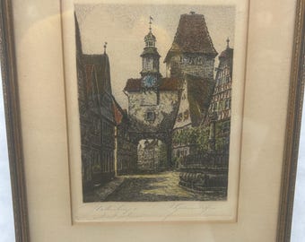 Kunstenaar Ernst Geissendorfer gesigneerde Rothenbergpoort - originele Radierung-ets