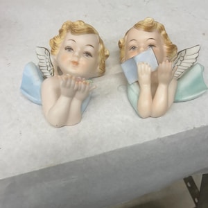 Napco Angel Plaques - Vintage Bisque Cherub Wall Hangers - 1950&#39;s