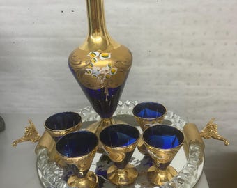 Vintage Murano Glass Decanter Set: Ruby Red, 24K Gold Enamel