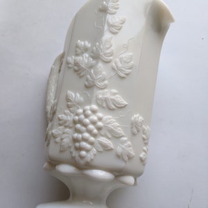 Vintage Westmoreland White Milk Glass Footed Pitcher. Paneled Grape with Grape and Vines Design. 1960s