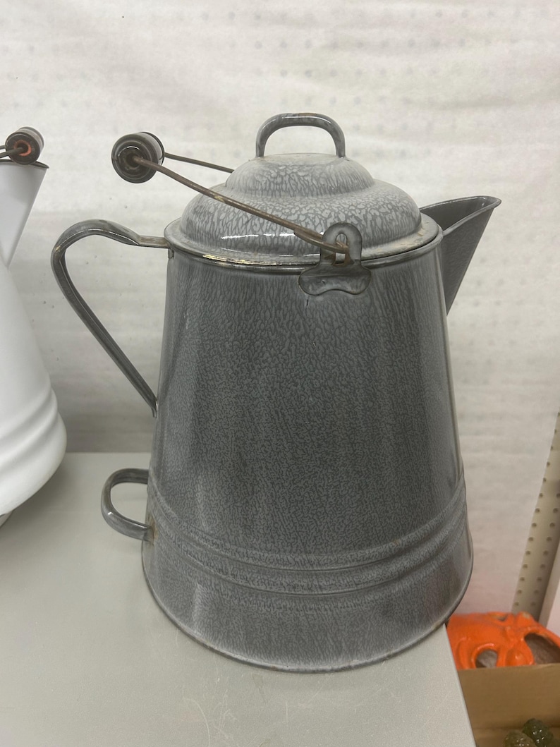 Antique Large Gray Graniteware Enamel Coffee Pot Ranch Cowboy Farmhouse ...
