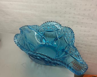 Vintage Kemple-glas Napoleon-hoedkom, saffierblauw tafelstuk Wheatonware, vroeg Amerikaans patroonglas, consolekom met zaagtandrand