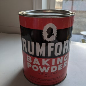 Rumford Baking Powder 5 lb Antique Tin. Vibrant, Chic Piece of United States History. Large, Sits 7&quot; Tall.