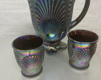 Mosser iriserende amethist carnaval glazen kan met kralen schelp paars glas 8" vintage en 2 glazen