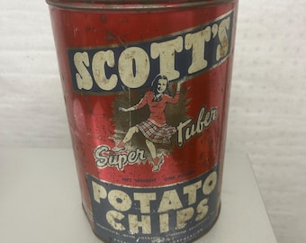 Vintage leeg Scott's Potato Chips-blik: 11" hoog 7" diameter
