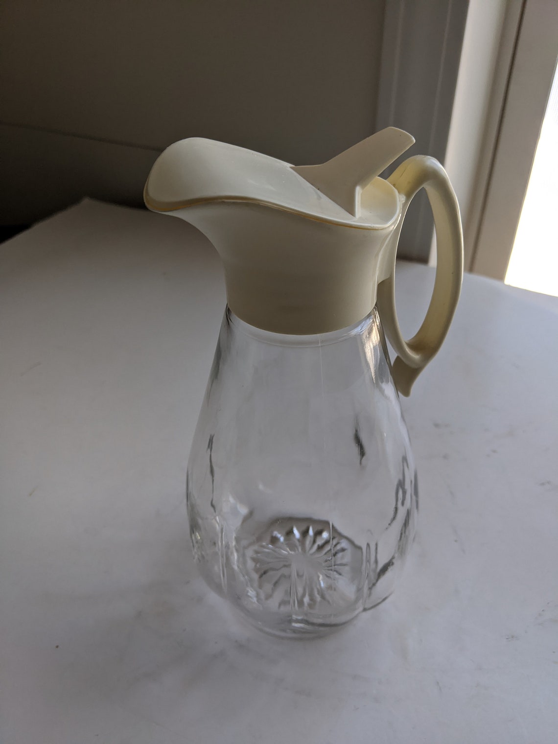Vintage Syrup Dispenser Clear Glass Pitcher w/Plastic Lid & Etsy