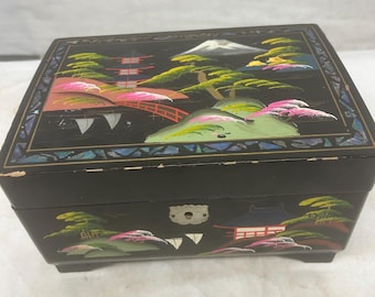 Vintage original hand-painted Japanese black lacquered jewelry box with music