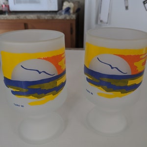 1985 Indiana Glass Tiara Ocean Scene Frosted Footed Glass Mugs ~ Set 2