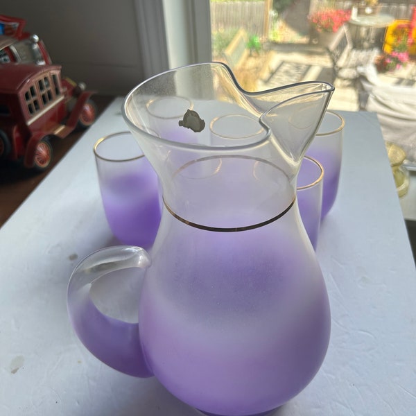 West Virginia Blendo Ombre Lavender Lilac Purple Pitcher & 6 Bar Glasses MCM