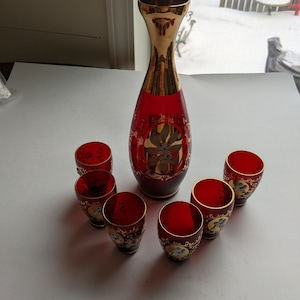 Antique Venetian Art Murano Italy Hand Painted Glass Decanter Set