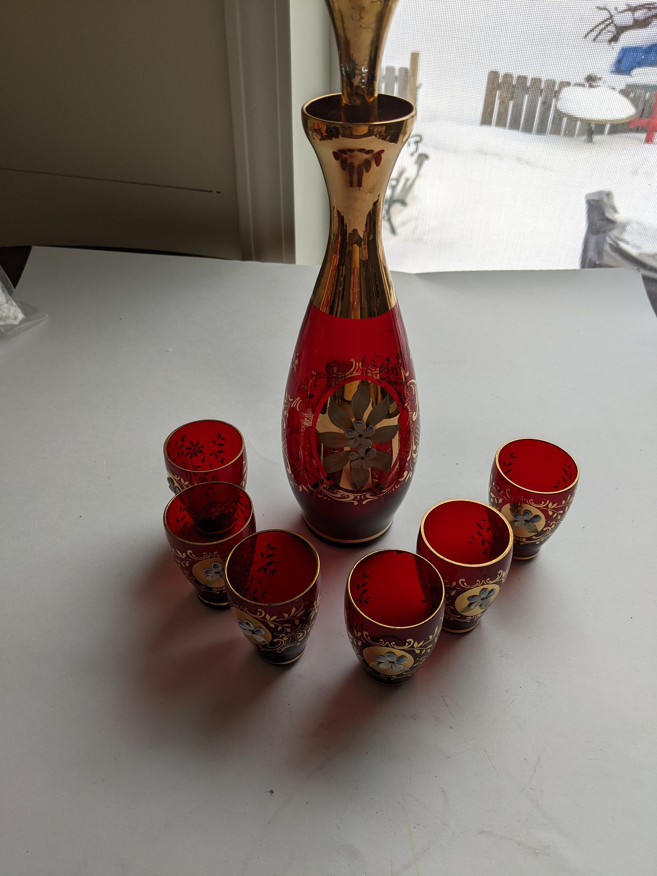 Red and gold Murano glass three piece dresser set — Antique