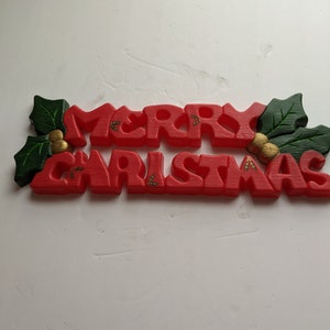 Retro stampato plastica Buon segno di Natale, Vintage Merry Christmas e Holly / Ivy Leaves Decor, 1960 Buon segno di Natale