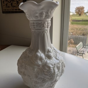 Vintage 1960s to 1970s Imperial Milk Glass  Embossed Flower Vase White Loganberry Large Opaque Scalloped Top Looking Heavy Home Decor