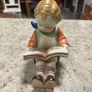 Vintage Japan Bookend Bookworm Little Boy Reading Figurine