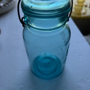 One Quart Vintage July 14, 1908 Aqua Blue Ball Ideal Mason Jar with Glass Lid, Hardware and Wire Bail